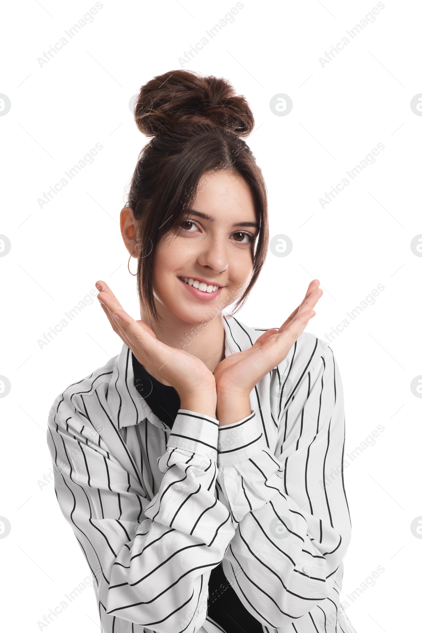 Photo of Portrait of smiling teenage girl on white background