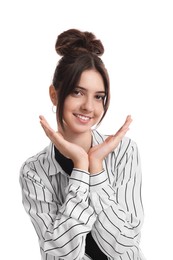 Portrait of smiling teenage girl on white background