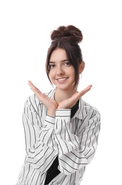 Photo of Portrait of smiling teenage girl on white background