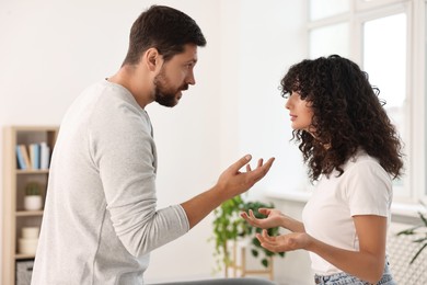 Photo of Emotional couple arguing at home. Relationship problems