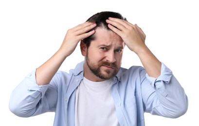 Photo of Man with hair loss problem on white background