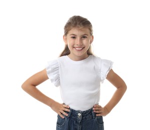 Portrait of cute girl on white background