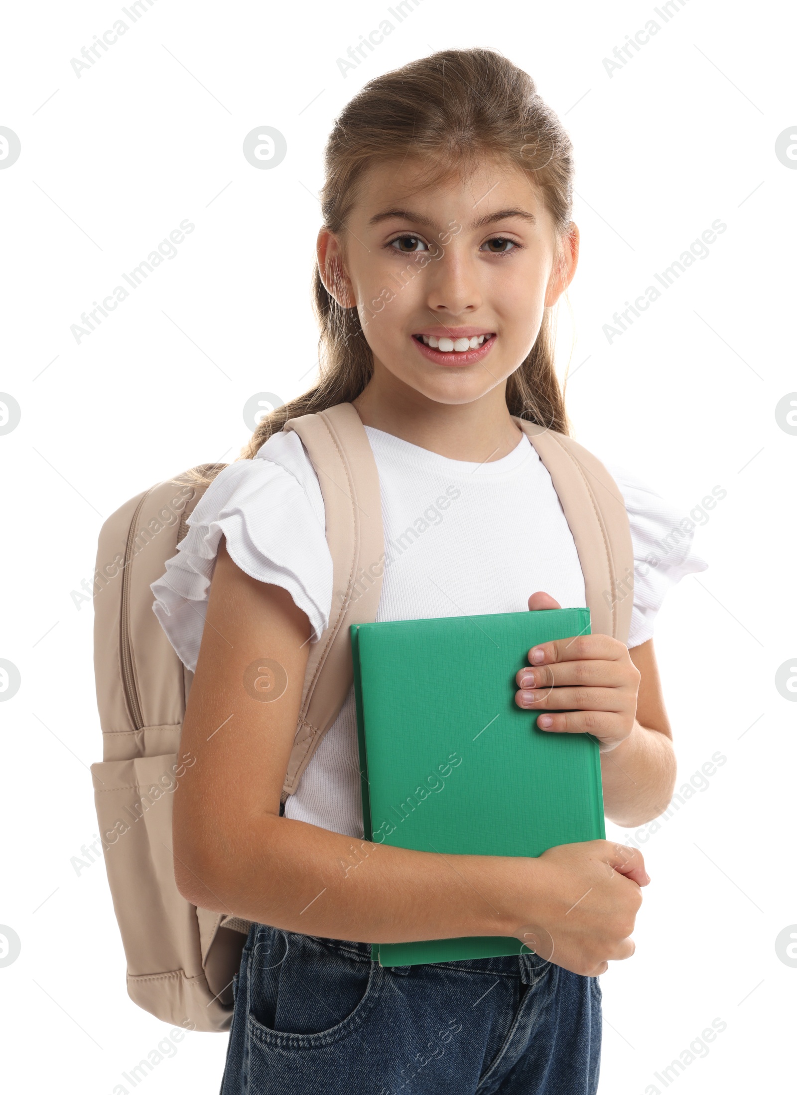 Photo of Portrait of cute girl with backpack and book on white background