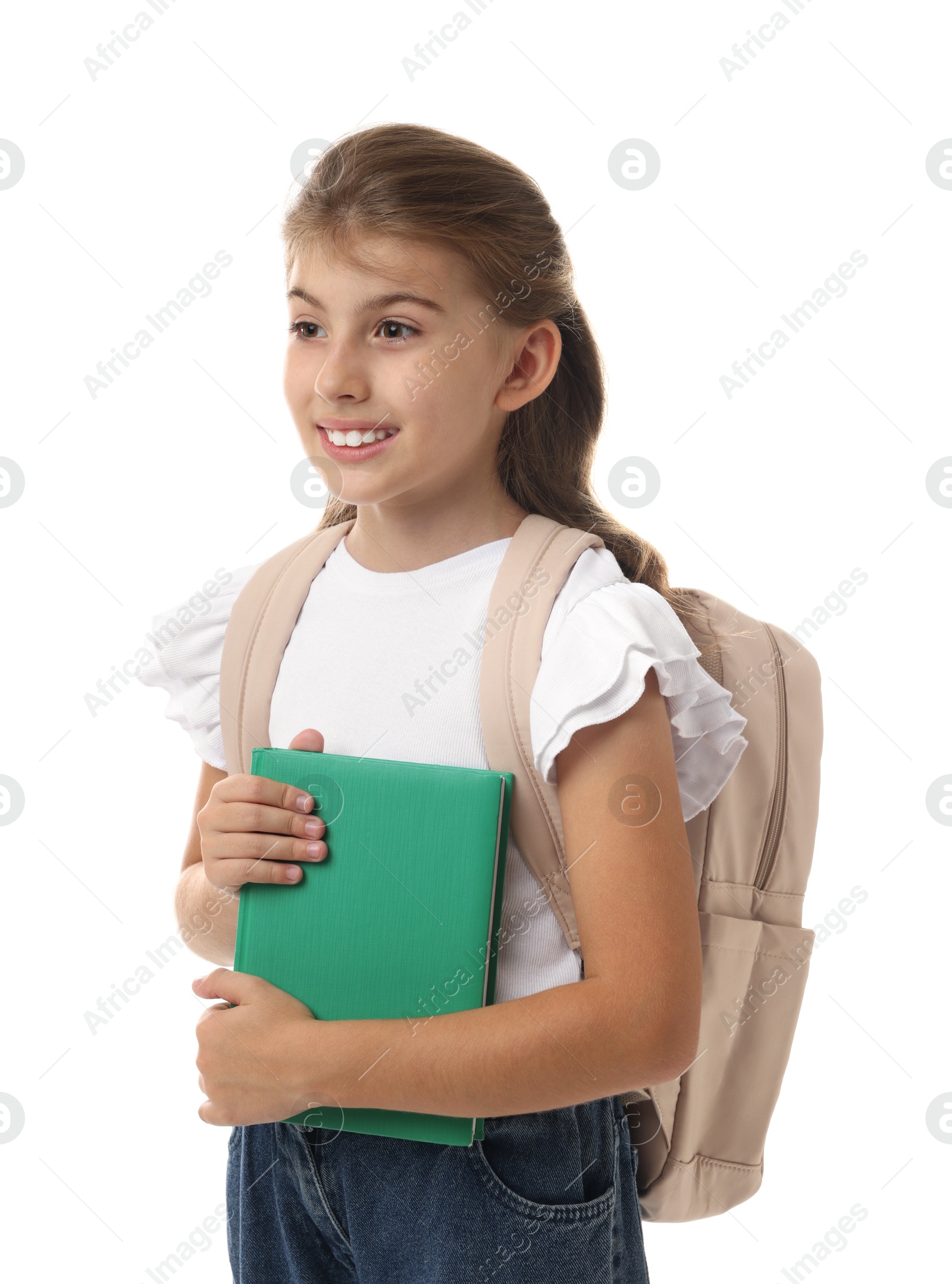 Photo of Portrait of cute girl with backpack and book on white background