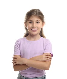 Portrait of cute girl on white background