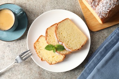 Photo of Freshly baked sponge cake and coffee on light grey table, flat lay