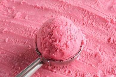 Photo of Scoop with tasty natural watermelon sorbet, closeup