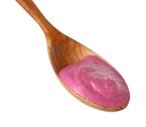 Photo of Tasty beetroot hummus in wooden spoon isolated on white