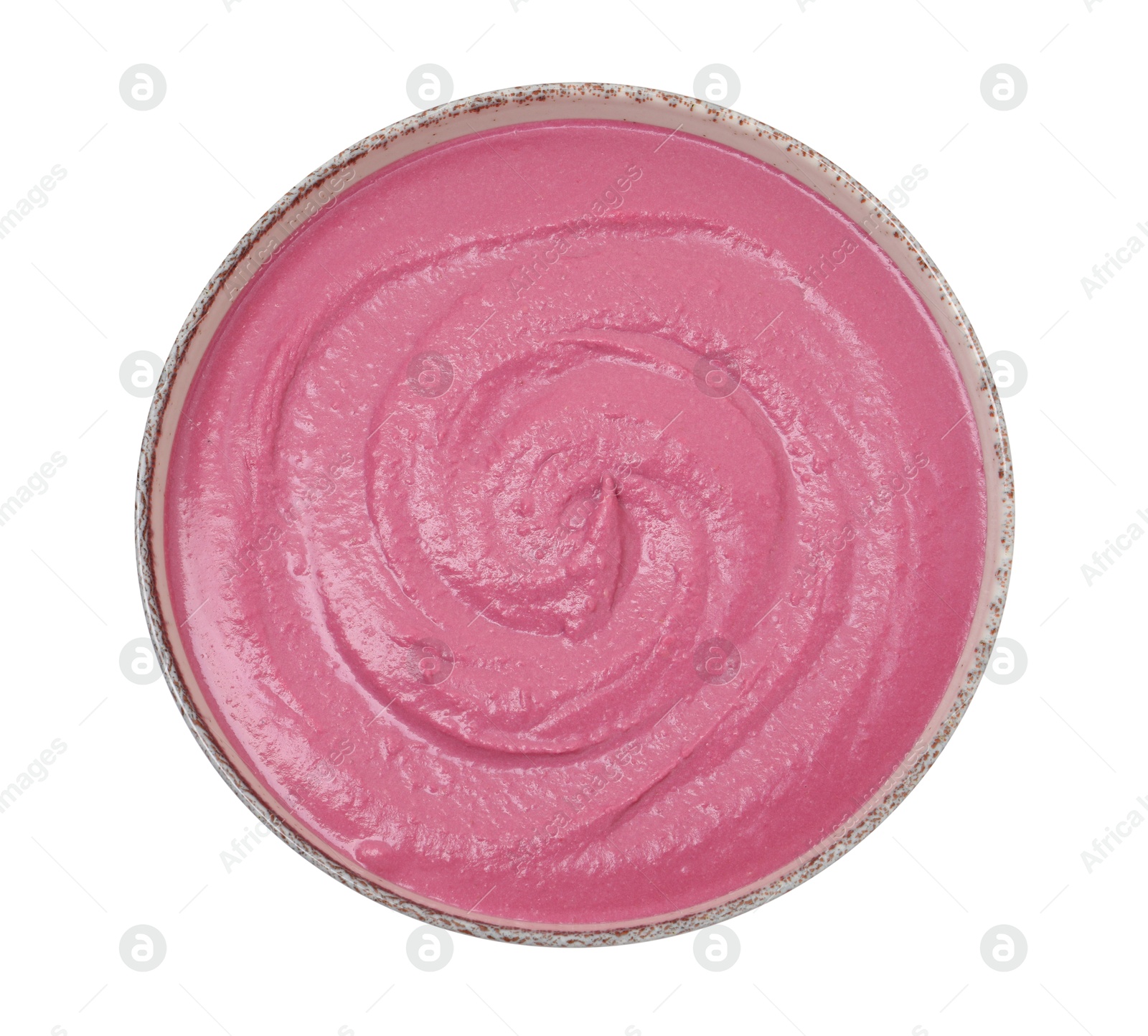 Photo of Tasty beetroot hummus in bowl isolated on white, top view