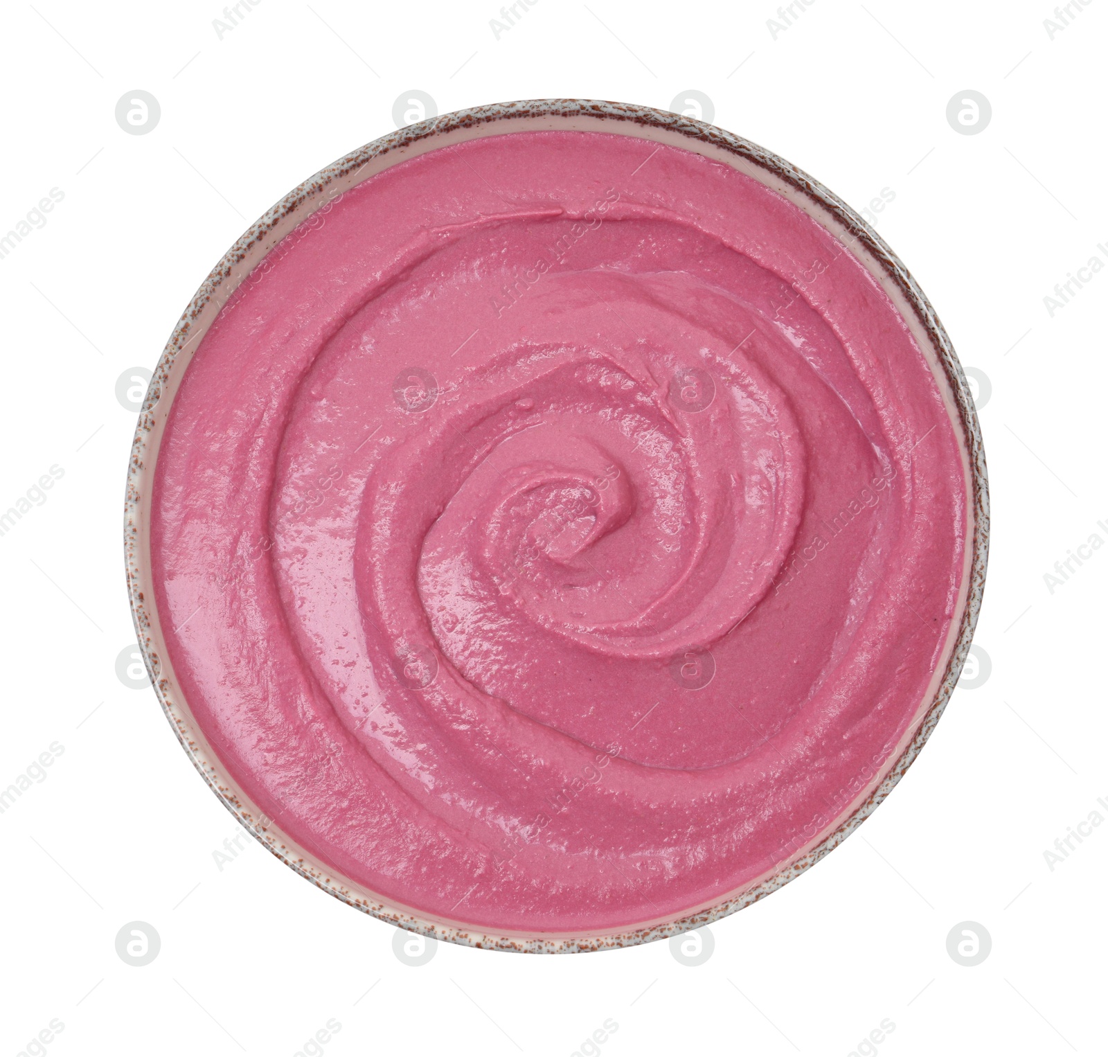 Photo of Tasty beetroot hummus in bowl isolated on white, top view