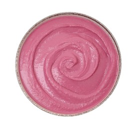 Photo of Tasty beetroot hummus in bowl isolated on white, top view