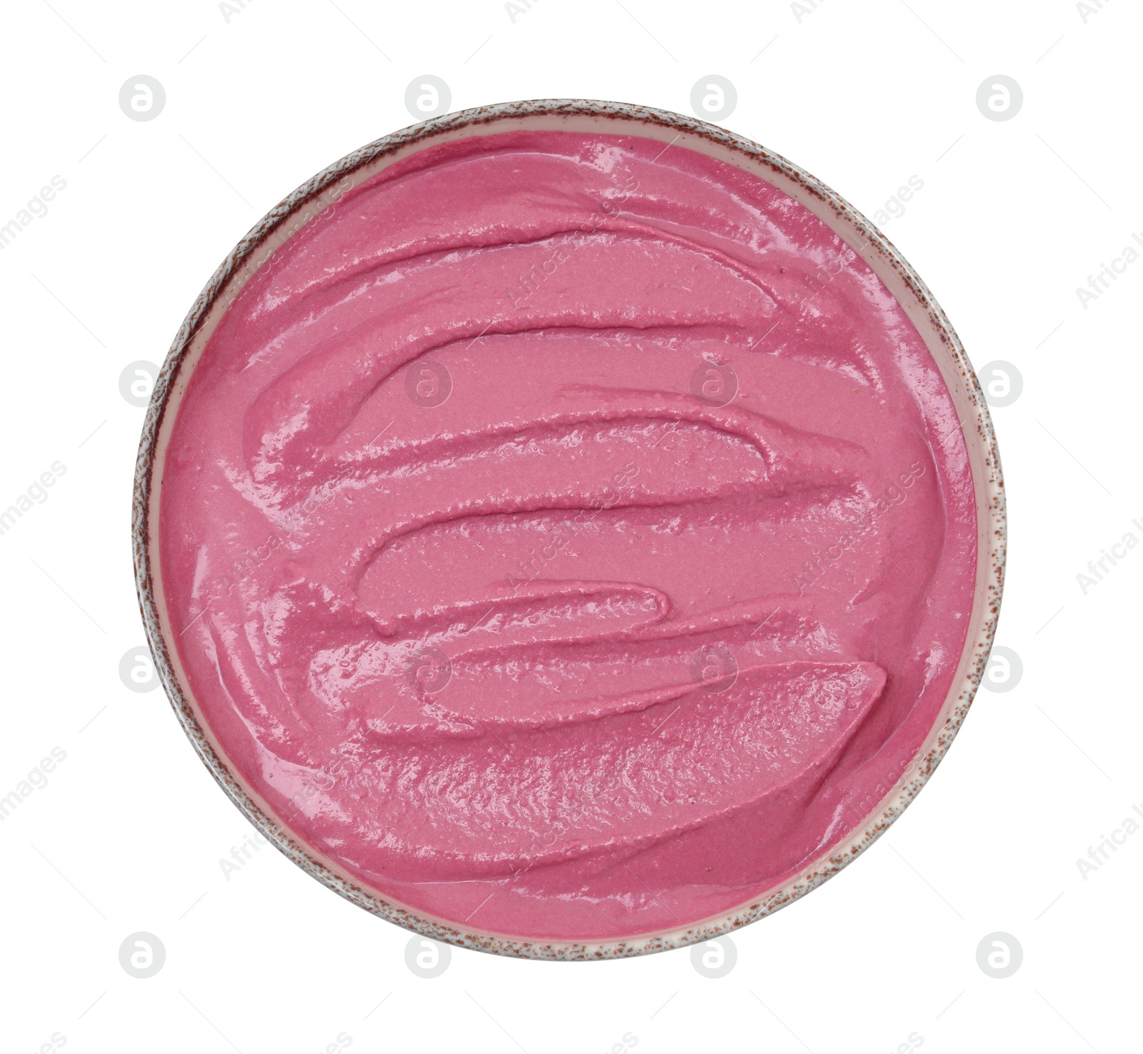 Photo of Tasty beetroot hummus in bowl isolated on white, top view