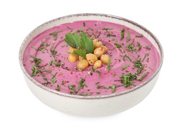 Photo of Tasty beetroot hummus and chickpeas in bowl isolated on white