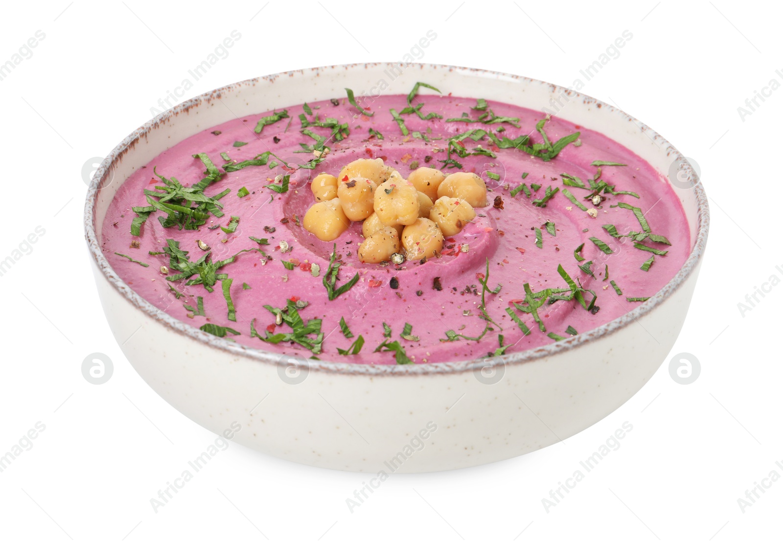 Photo of Tasty beetroot hummus and chickpeas in bowl isolated on white