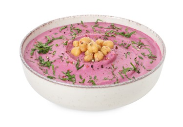 Photo of Tasty beetroot hummus and chickpeas in bowl isolated on white