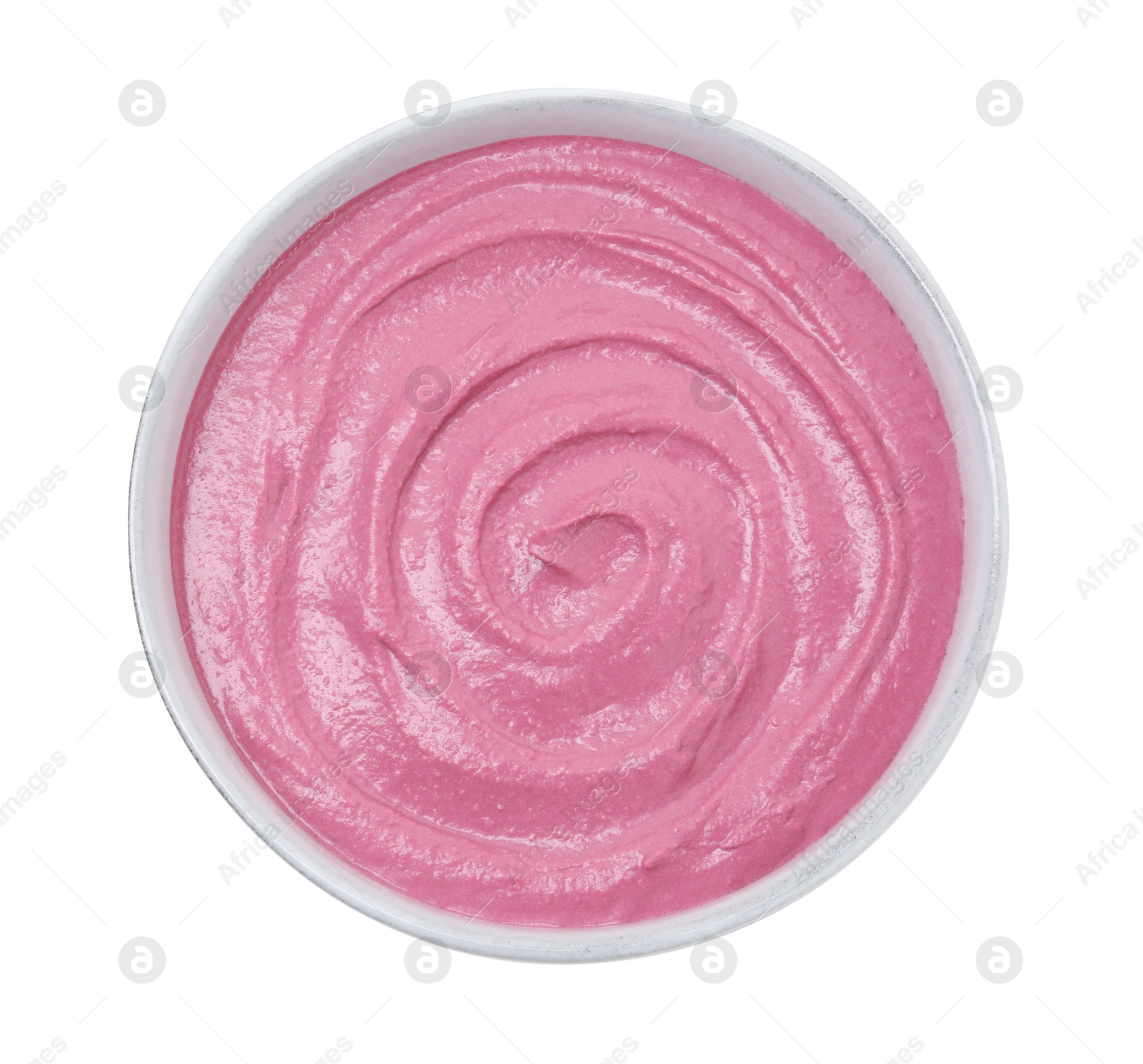 Photo of Tasty beetroot hummus in bowl isolated on white, top view