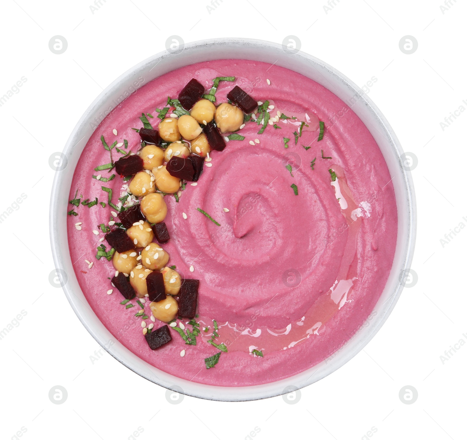 Photo of Tasty beetroot hummus and chickpeas in bowl isolated on white, top view