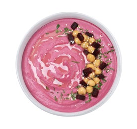 Photo of Tasty beetroot hummus and chickpeas in bowl isolated on white, top view