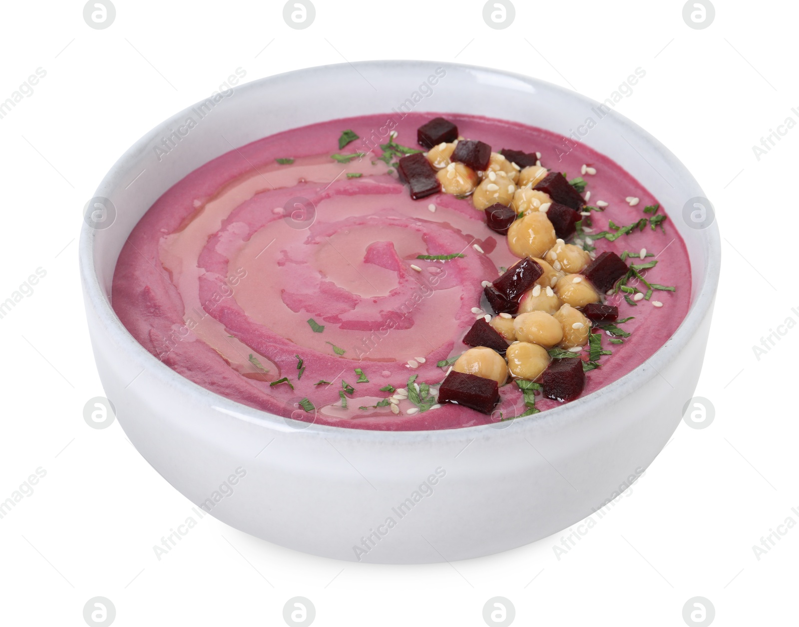 Photo of Tasty beetroot hummus and chickpeas in bowl isolated on white