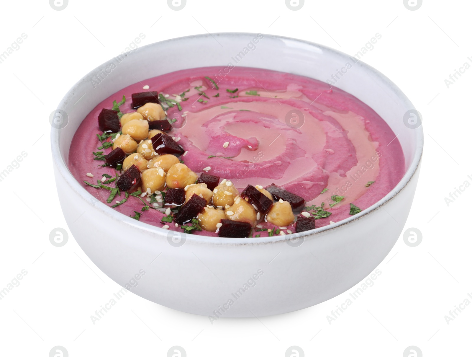 Photo of Tasty beetroot hummus and chickpeas in bowl isolated on white