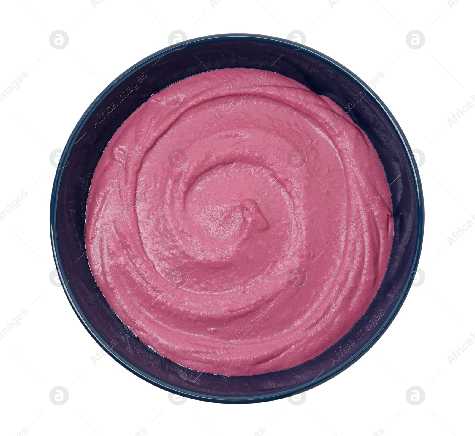 Photo of Tasty beetroot hummus in bowl isolated on white, top view