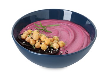 Photo of Tasty beetroot hummus and chickpeas in bowl isolated on white