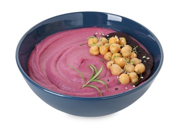 Photo of Tasty beetroot hummus and chickpeas in bowl isolated on white