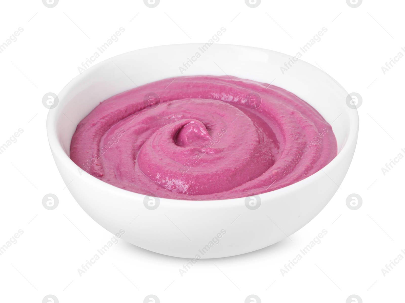 Photo of Tasty beetroot hummus in bowl isolated on white