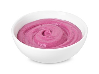 Photo of Tasty beetroot hummus in bowl isolated on white