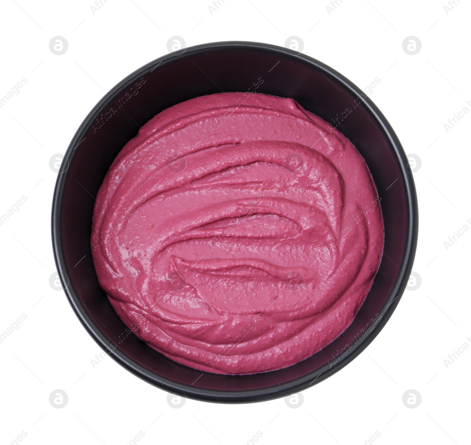 Photo of Tasty beetroot hummus in bowl isolated on white, top view