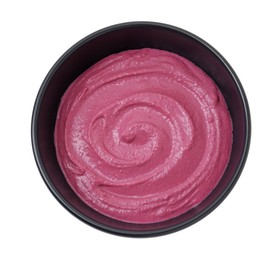 Photo of Tasty beetroot hummus in bowl isolated on white, top view