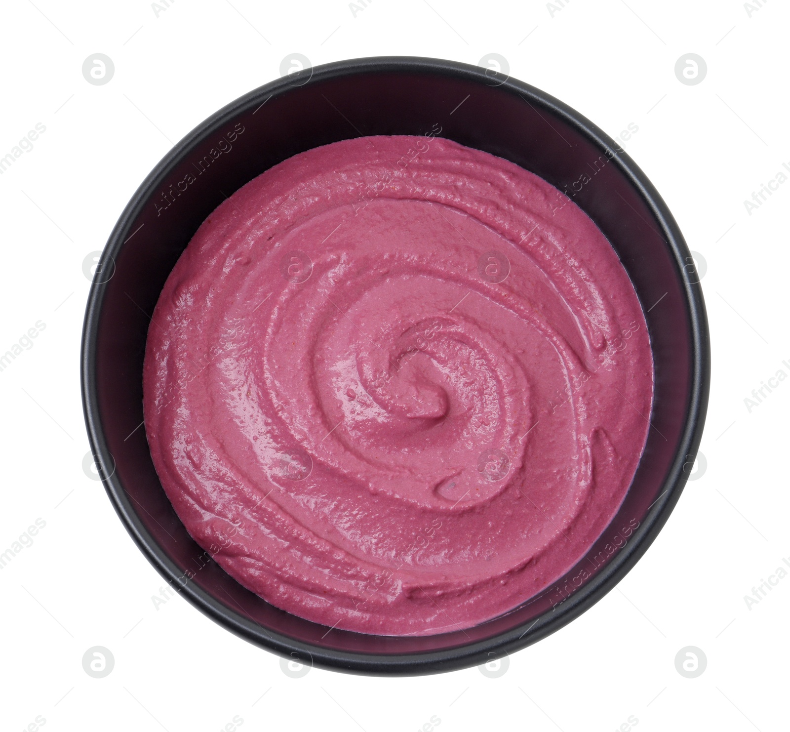 Photo of Tasty beetroot hummus in bowl isolated on white, top view