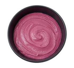 Photo of Tasty beetroot hummus in bowl isolated on white, top view