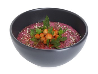 Photo of Tasty beetroot hummus and chickpeas in bowl isolated on white