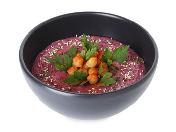 Photo of Tasty beetroot hummus and chickpeas in bowl isolated on white