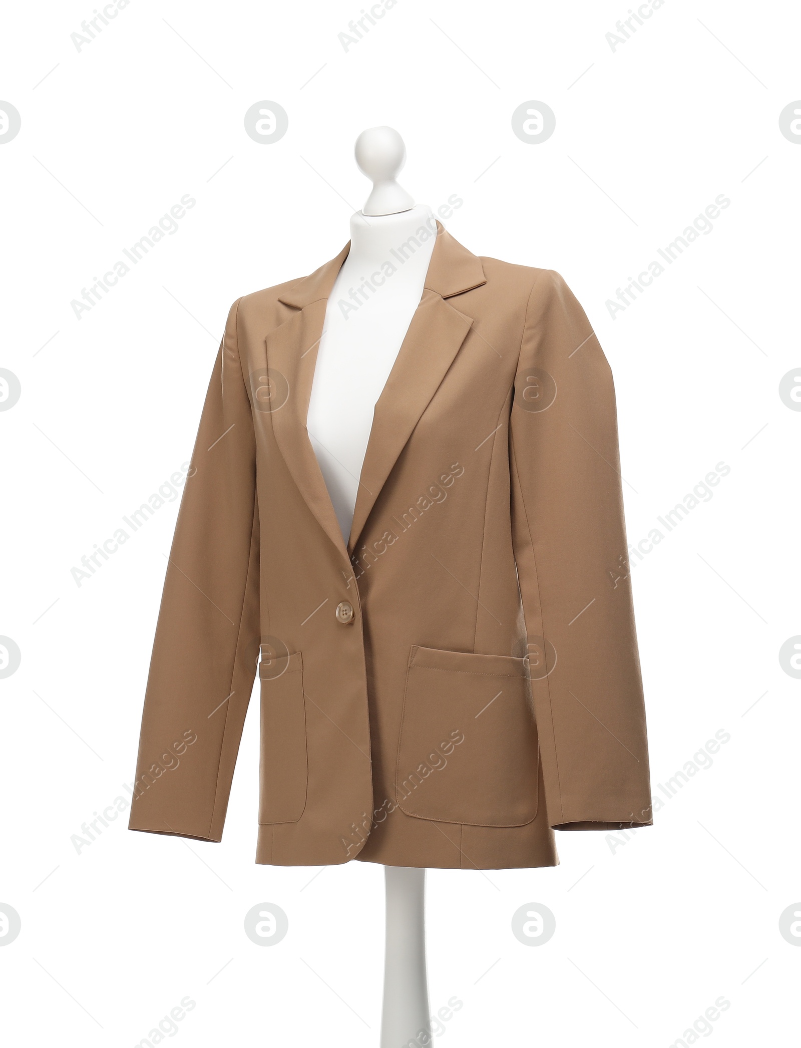 Photo of Mannequin with new stylish jacket isolated on white