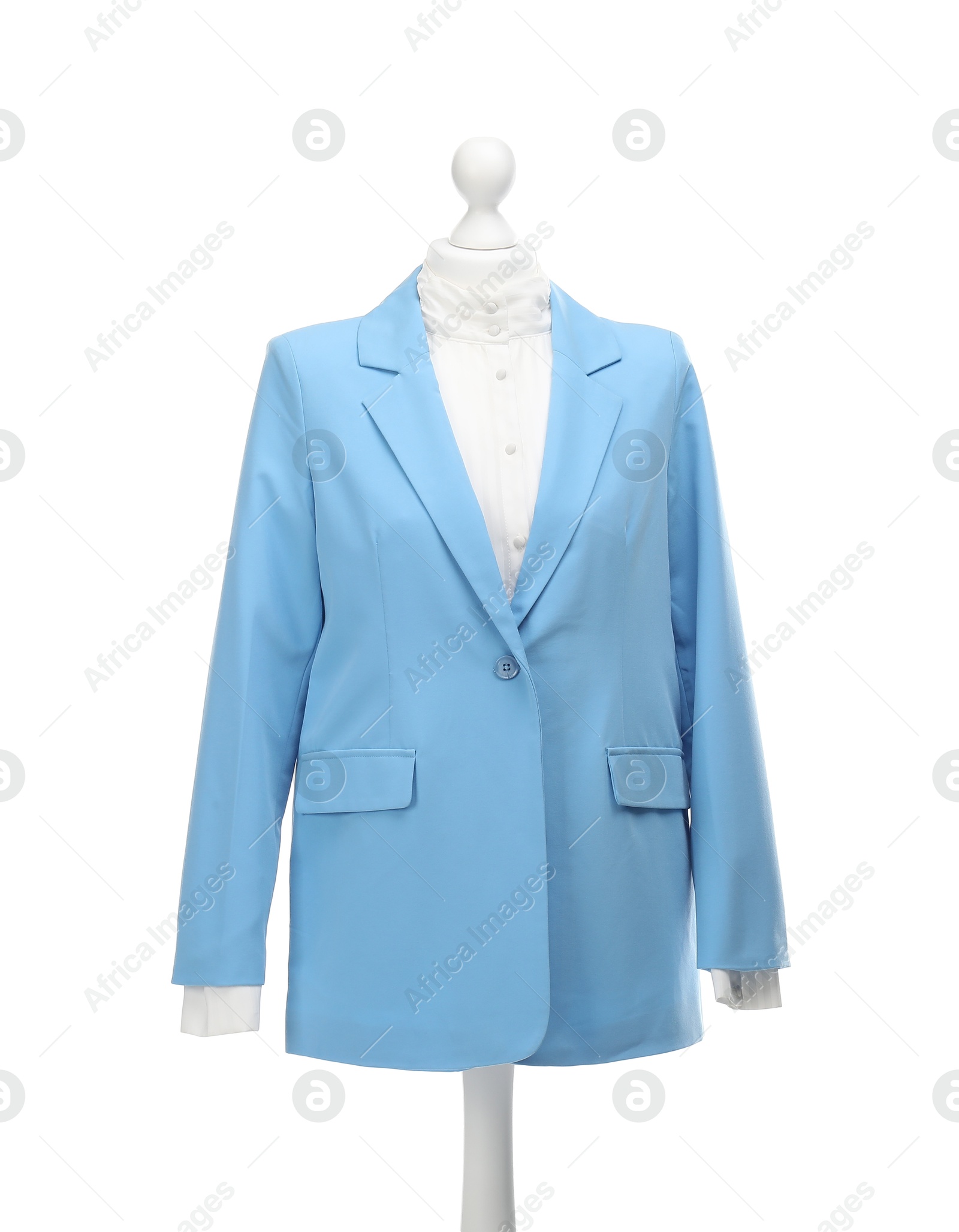 Photo of Mannequin with new stylish jacket isolated on white