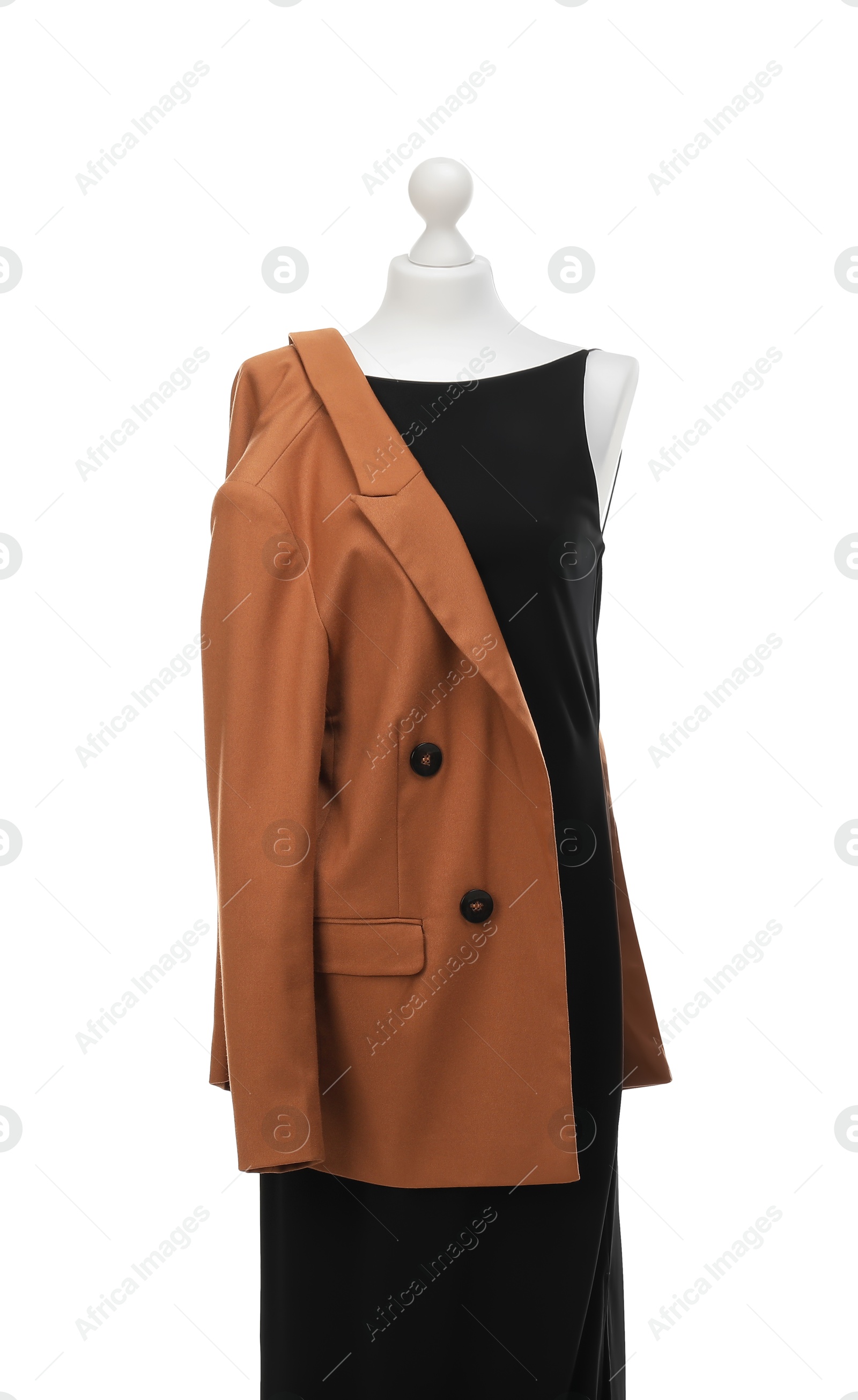 Photo of Mannequin with new stylish dress and jacket isolated on white