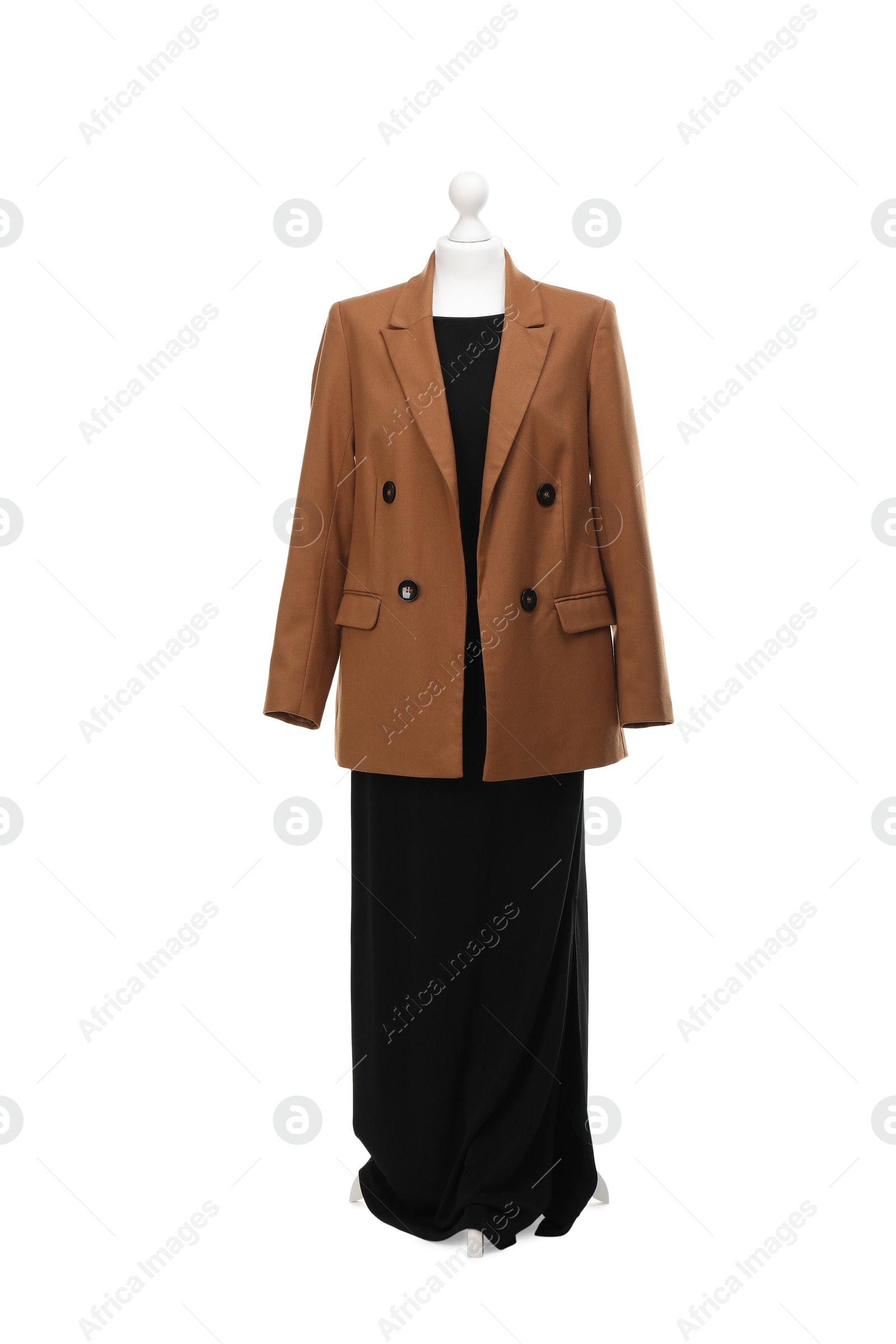 Photo of Mannequin with new stylish dress and jacket isolated on white