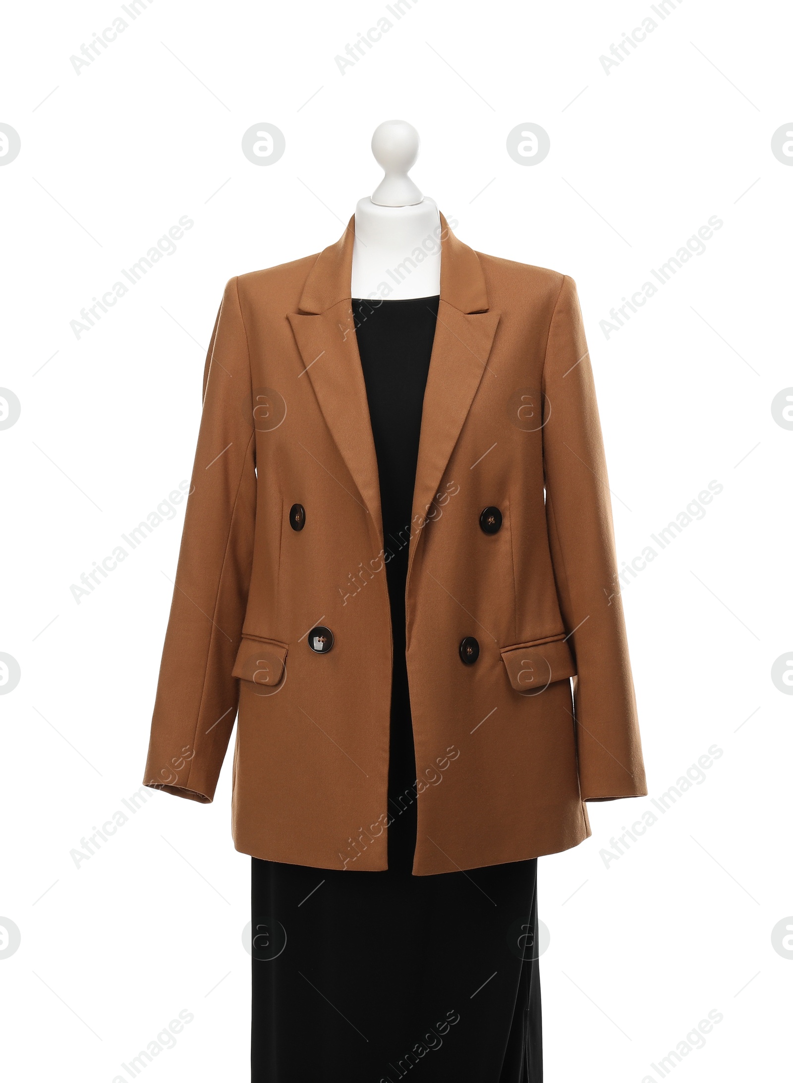 Photo of Mannequin with new stylish dress and jacket isolated on white