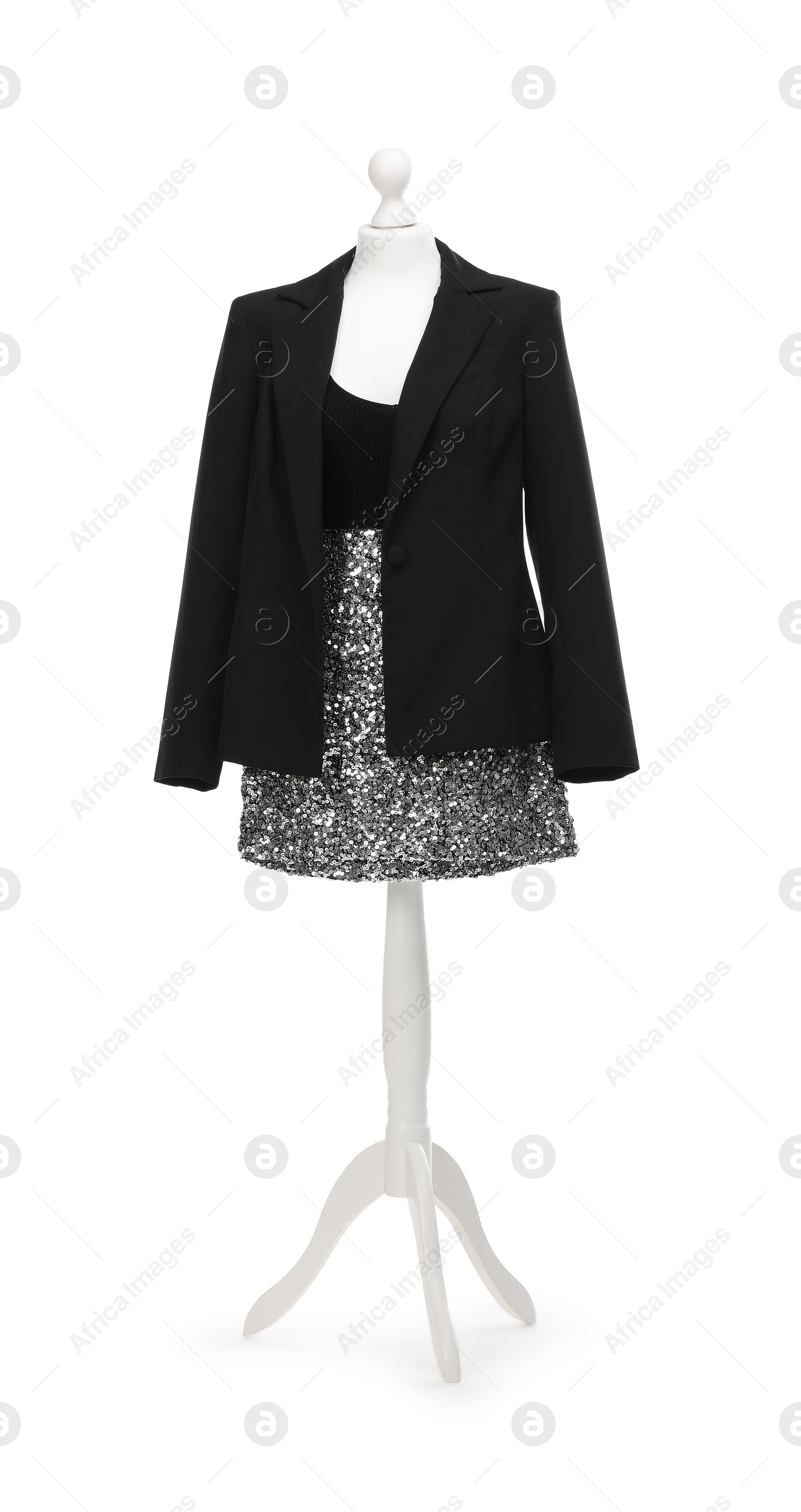 Photo of Mannequin with new stylish dress and jacket isolated on white