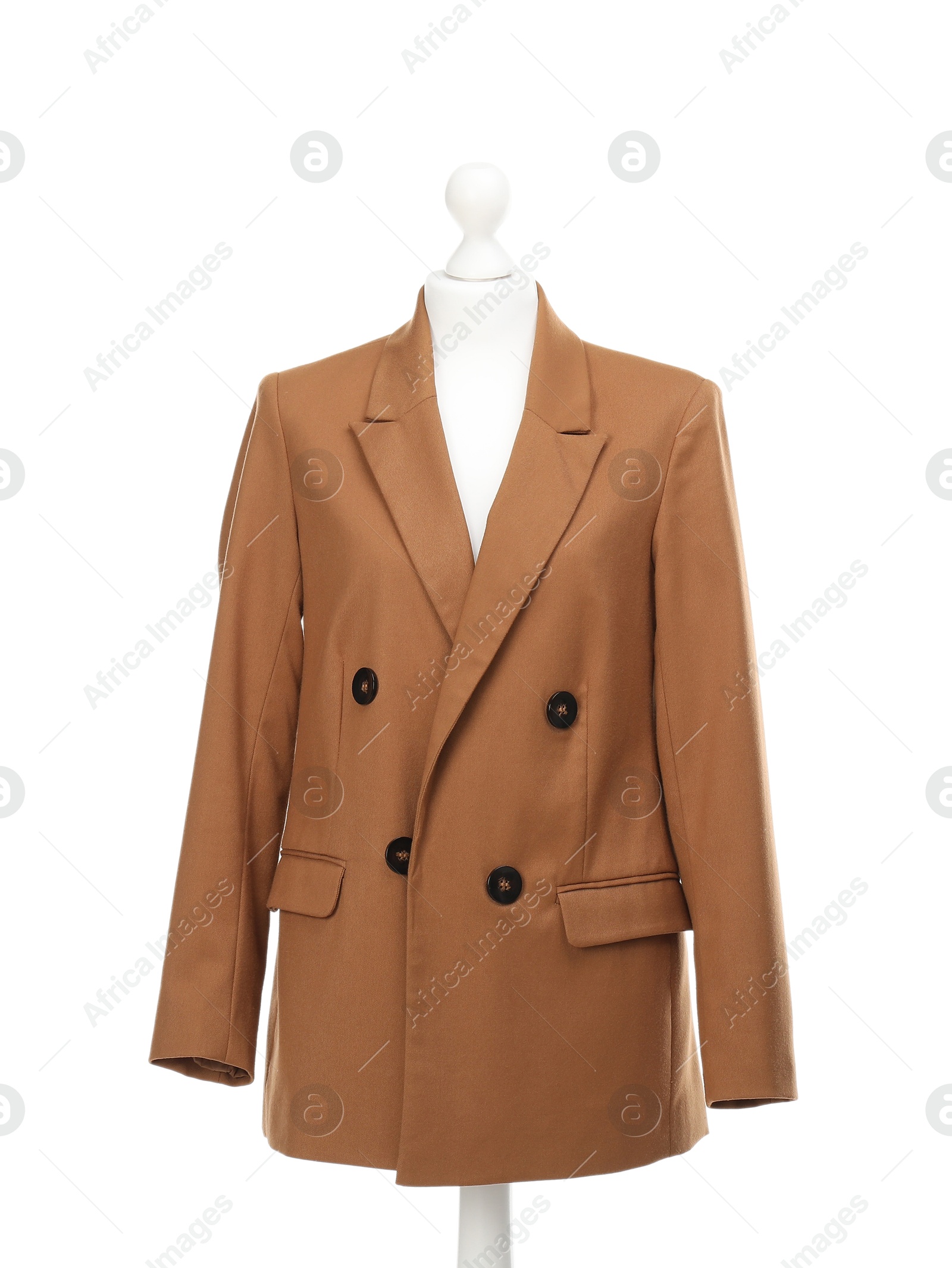 Photo of Mannequin with new stylish jacket isolated on white