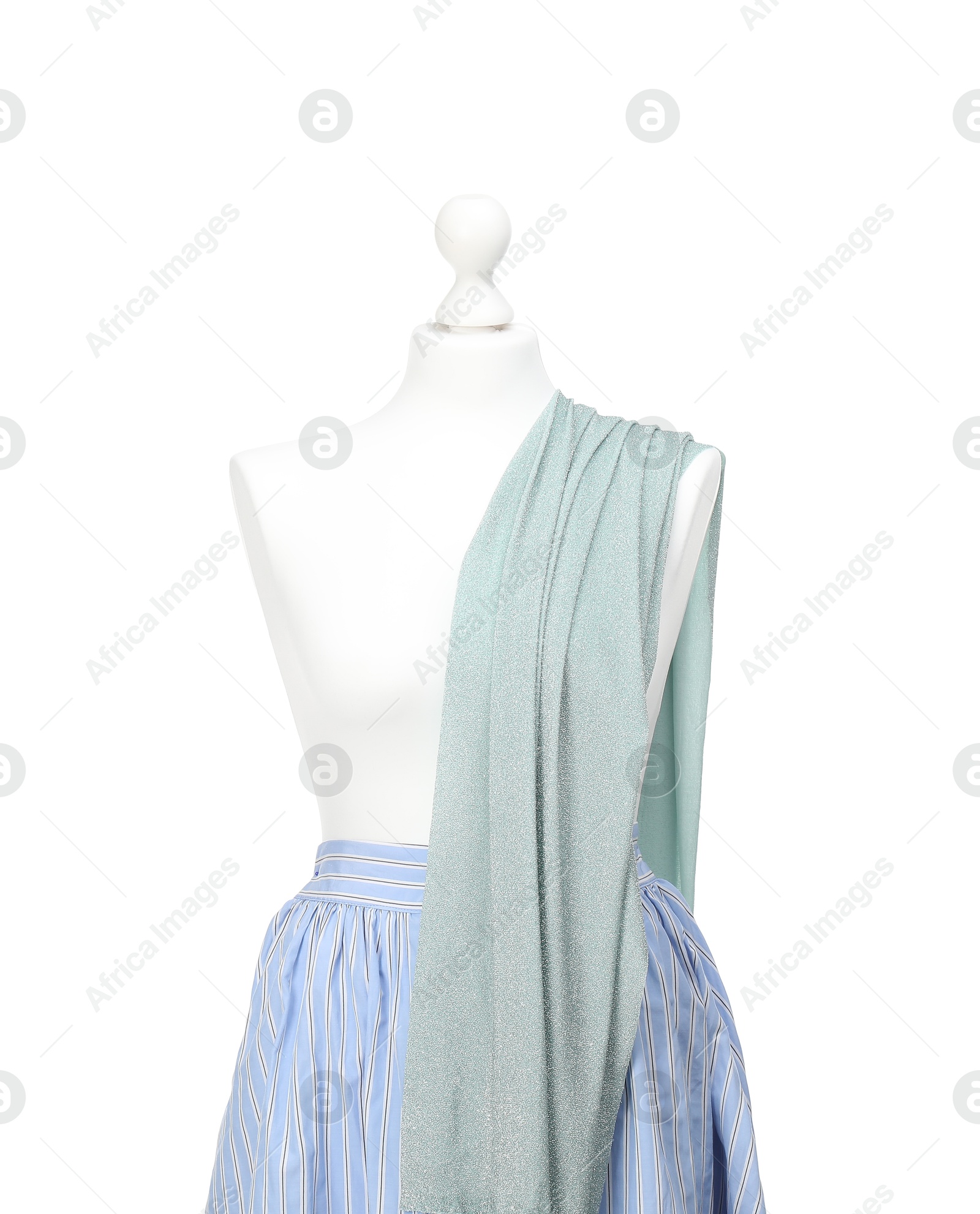 Photo of Mannequin with fabric isolated on white. Creating new outfit