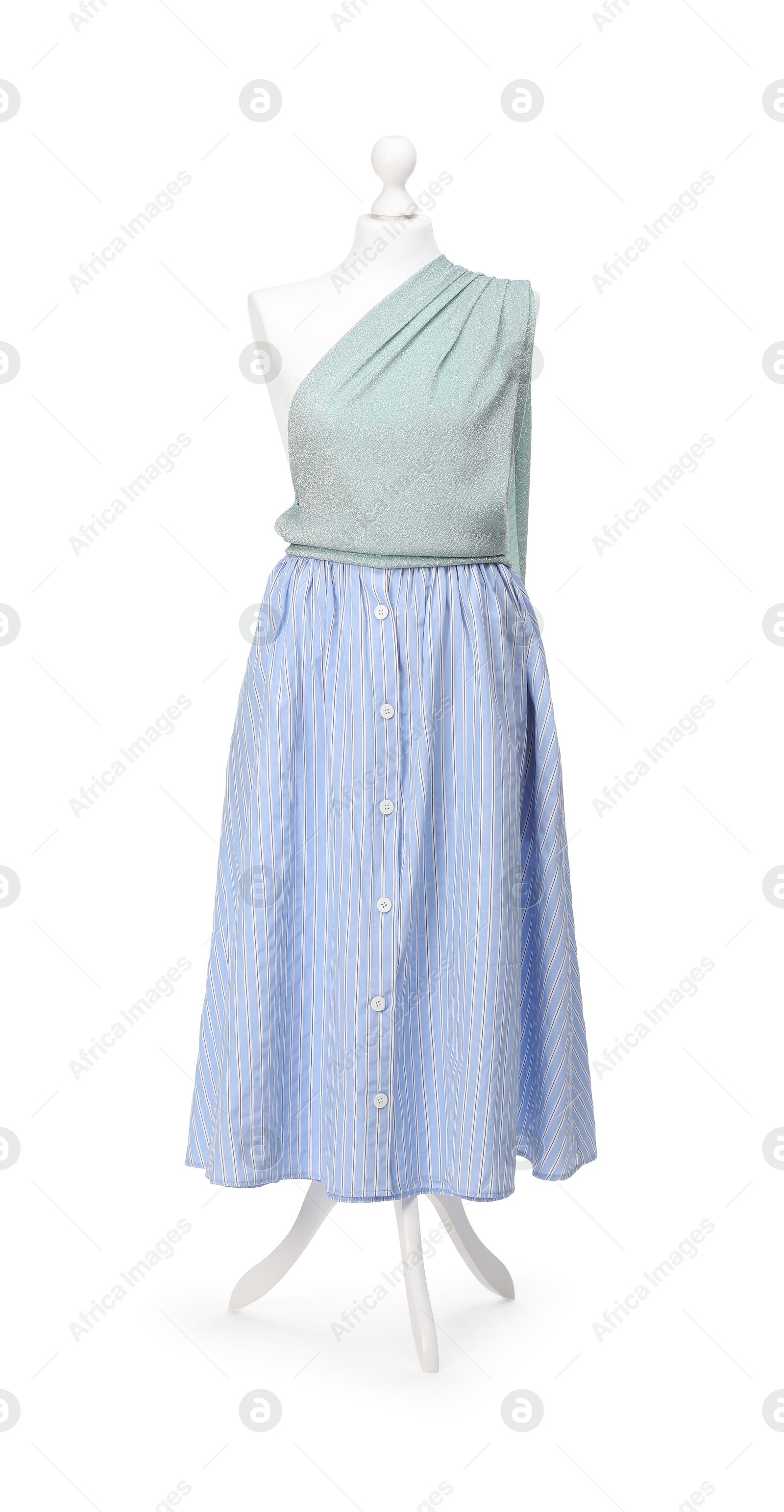 Photo of Mannequin with skirt and shirt isolated on white. Creating new outfit