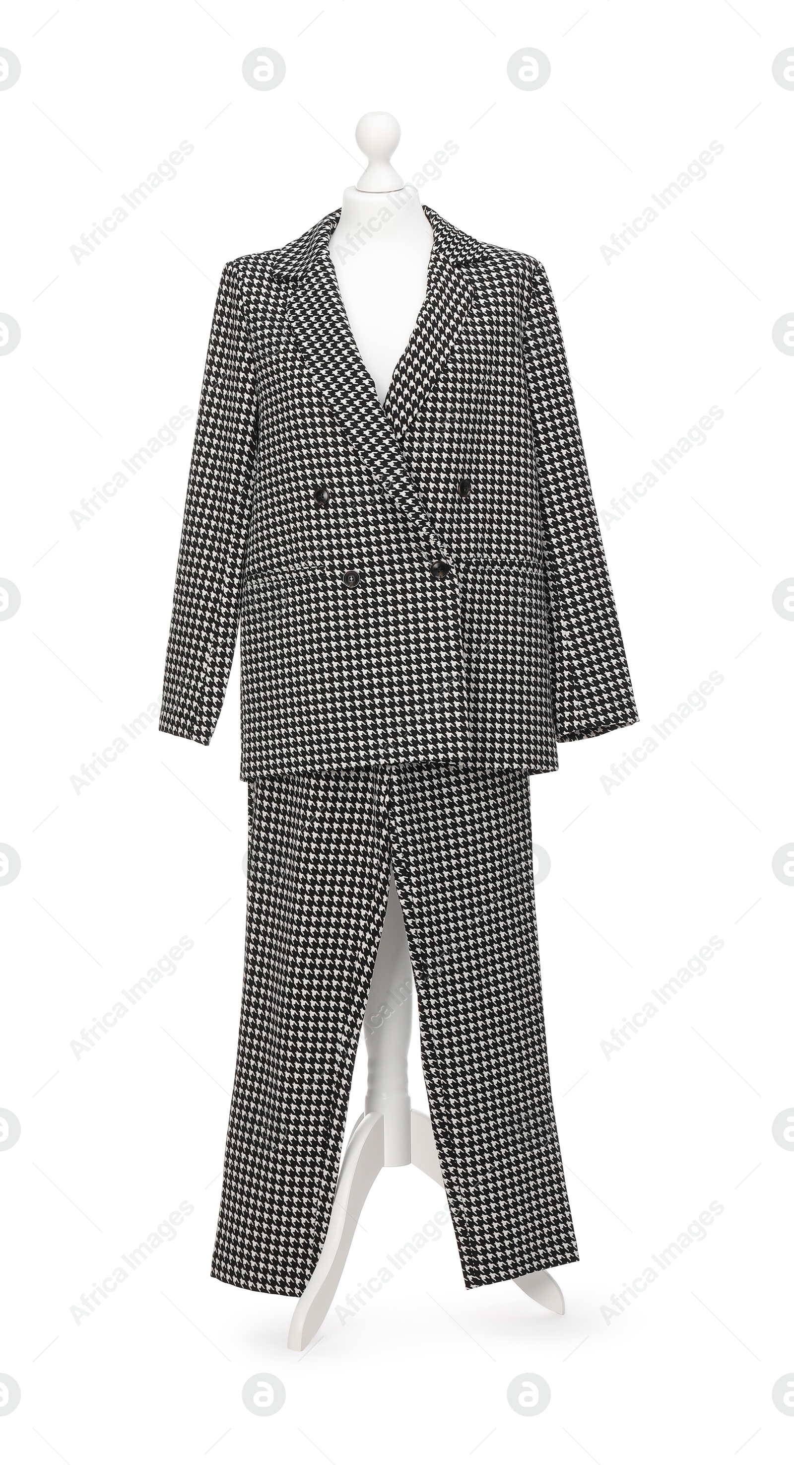 Photo of Mannequin with new stylish suit isolated on white