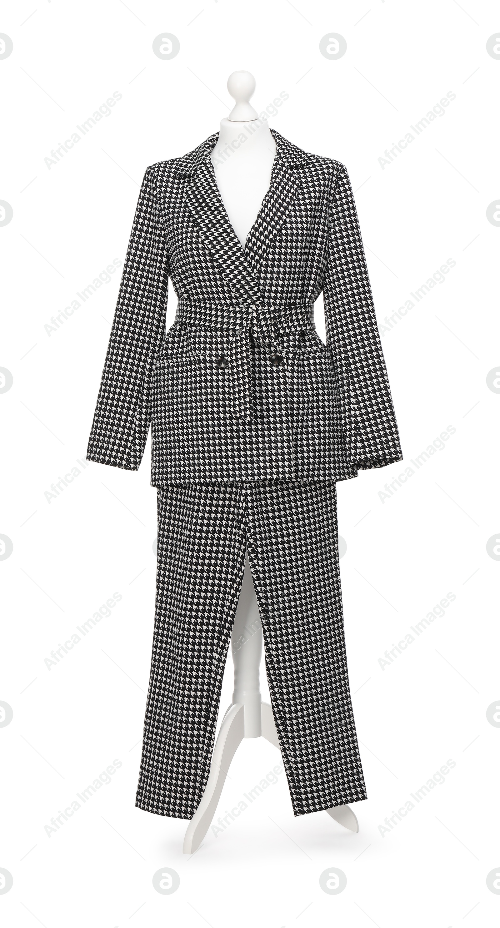 Photo of Mannequin with new stylish suit isolated on white