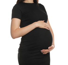 Photo of Young pregnant woman on white background, closeup