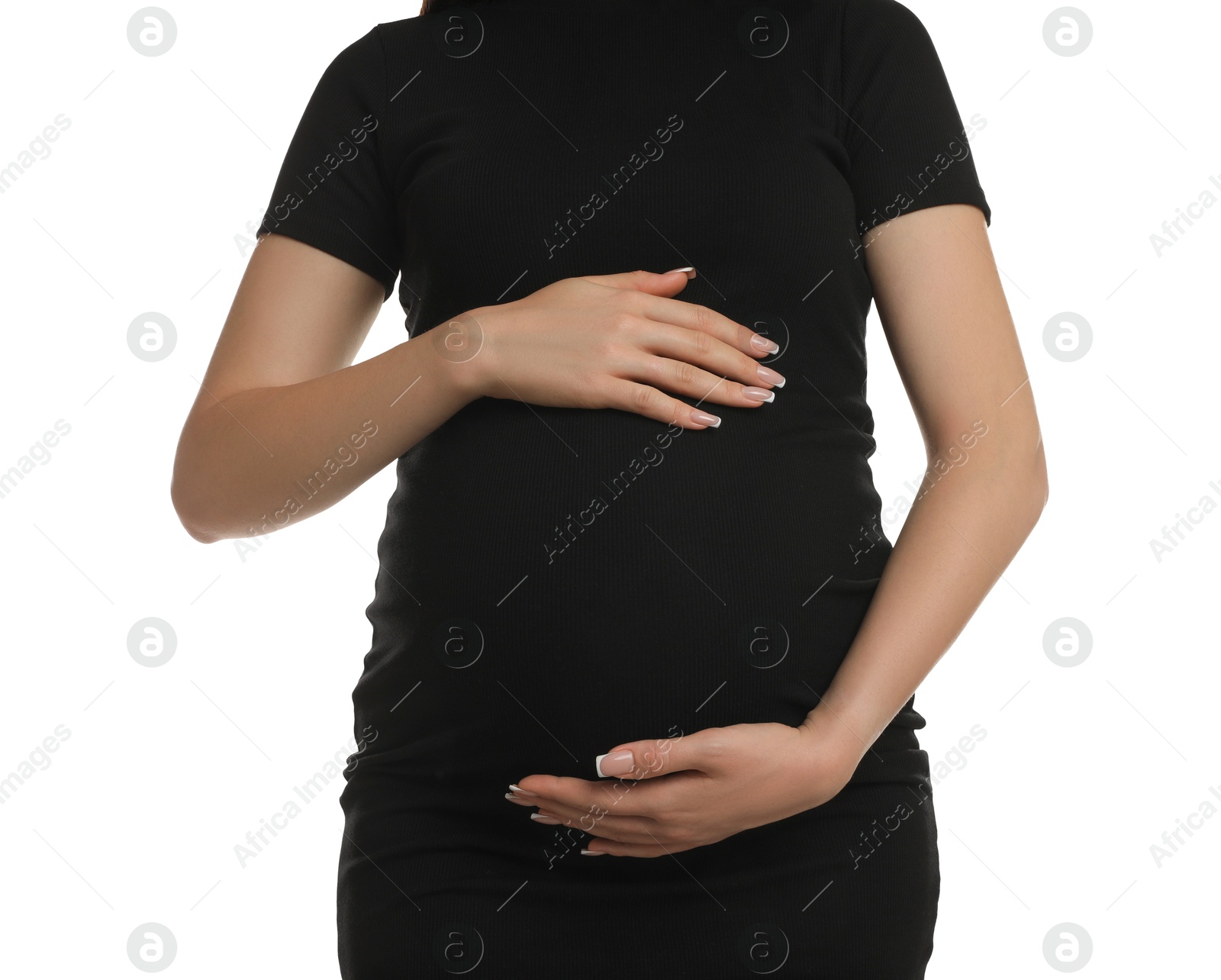 Photo of Young pregnant woman on white background, closeup