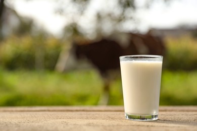 Fresh milk in glass on wooden table outdoors