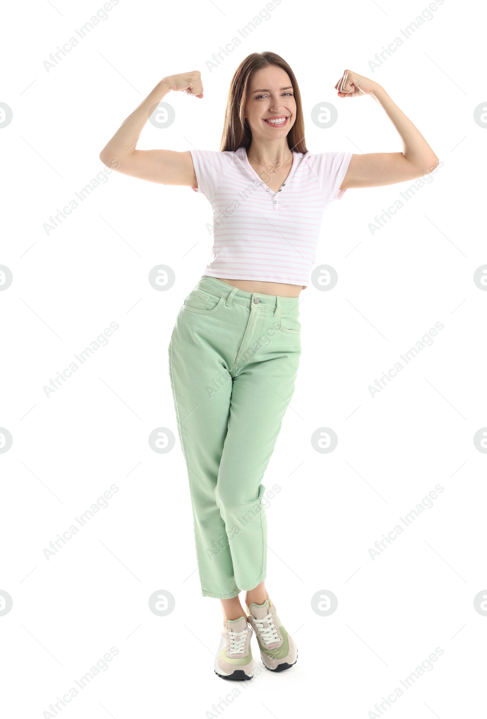 Photo of Portrait of happy winner on white background